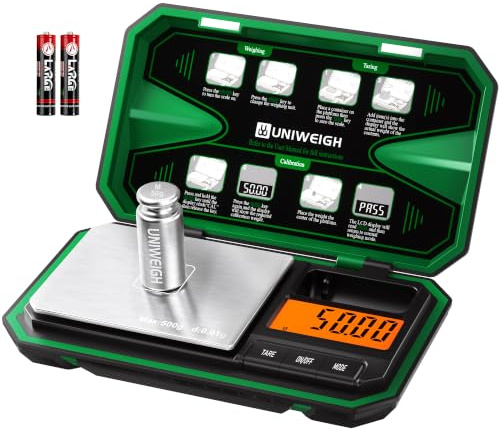 UNIWEIGH Digitale Grammwaage Feinwaage 500g/0.01 g Genauigkeit kleine Waage | Mini Taschenwaage für Schmuck,6 Einheiten,zum Wiegen von kleinen Lebensmitteln,Münzen,Mikropartikeln und Getreide,Tara,grün