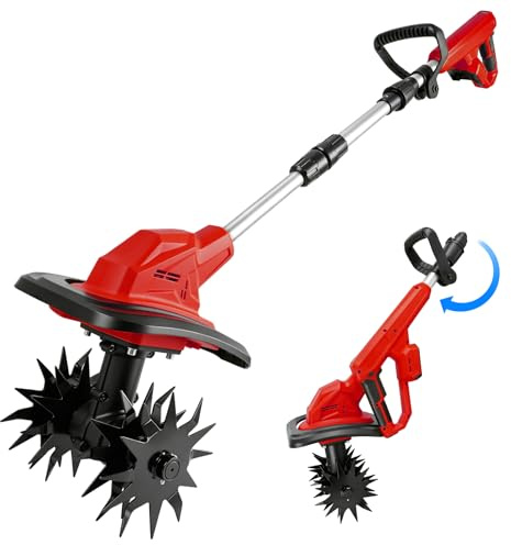 Batteridriven jordhacka kompatibel med Milwaukee 18 V batteri, vikbar trädgårdssvals med 22 cm arbetsbredd 17 cm arbetsdjup borstlös markfräs elektrisk motorhacka för liten säng och trädgård (utan
