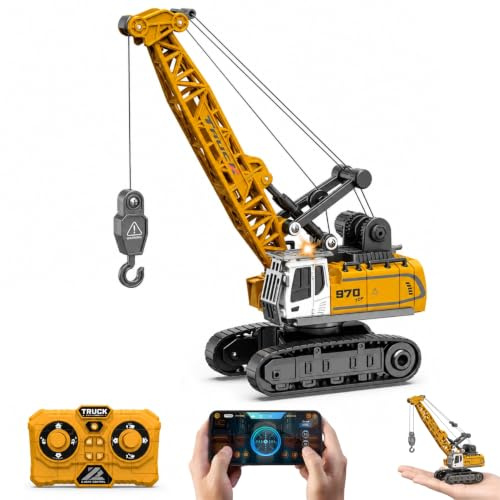 Ezweiji Mini Grue Télécommandée 1:64, 11 Canaux Camion Grue RC | Mini Grue RC Batterie USB, Contrôle App, Rotation 360°, Crochet, Engin Chantier Cadeau Garçon 3 4 5 6 7 8 Ans