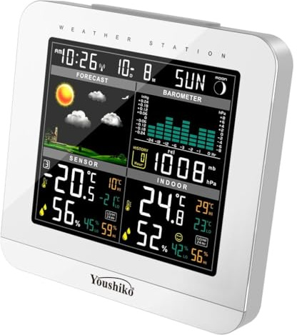 Youshiko Wireless Colour Weather Station UK 2026 Version (Premium Quality/HD Display) Radio Controlled Clock Barometric Pressure, Indoor Outdoor Temp Humidity Max Min with 24 Hour Auto Reset