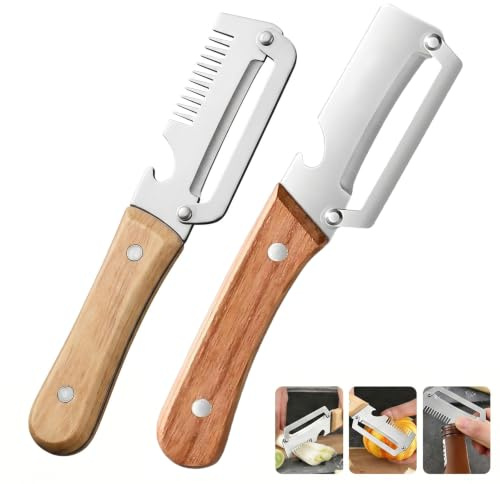 2 Piezas Pelador Multifuncional de Verduras y Frutas con Mango de Madera, Cuchillo Pelador de Acero Inoxidable con Abridor de Botellas y Cortador de Juliana, Set de Peladores para Cocina