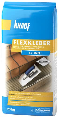 Knauf Flexkleber SCHNELL, Klebe-Mörtel Fliesenkleber – Fliesen- und Naturstein-Kleber für Wand und Boden, schnell trocknend, zur Anwendung beim Fliesen-Legen innen und außen, 20-kg, Zementgrau