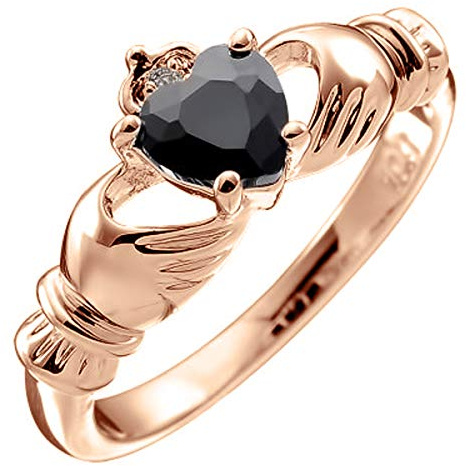 GWG Jewellery Anello Placcato in Oro Rosa 18K Claddagh con Cuore in Nero, Mani e Corona - 10 in Confezione Regalo per Donne