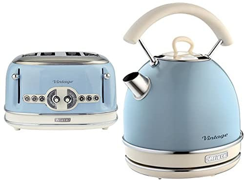 Ariete Vintage 156 Grille-pain 4 tranches, 6 niveaux de grillage, 1600 W, bleu & Vintage 2877 Bouilloire Électrique, 2000 Watts, 1,7 L, en Acier Inoxydable Peint en Bleu Pastel