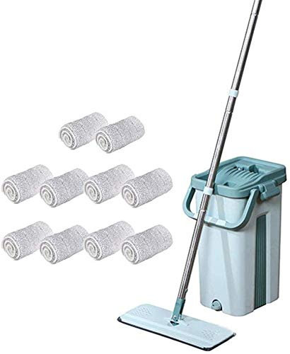 HUOQILIN Juego De Trapeador Y Balde con Almohadillas De Microfibra para Cocina Baño Hogar - Incluye Almohadillas Reutilizables Lavables De 10 Microfibras Piso De Madera Azulejos Y Polvo