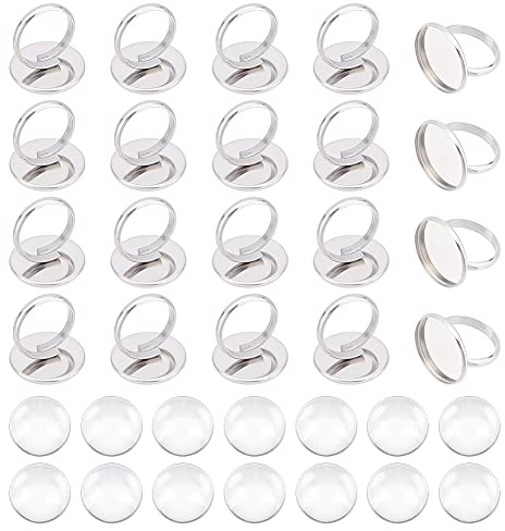 UNICRAFTALE 20 Sets Verstellbare Fingerringherstellung Einstellungen Für Flache Runde Cabochonringe Fingerringbasis Mit Transparentem Glas-Cabochon (20 mm) Für Frauen, Männer, Ringherstellung