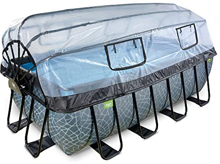EXIT Toys Stone Pool mit Abdeckung - 400x200x122cm - Großer, Rechteckiger Rahmenpool mit Sandfilterpumpe, Wärmepumpe und Poolleiter - Extra tiefer Pool - Für Sauberes und Warmes Poolwasser - Grau