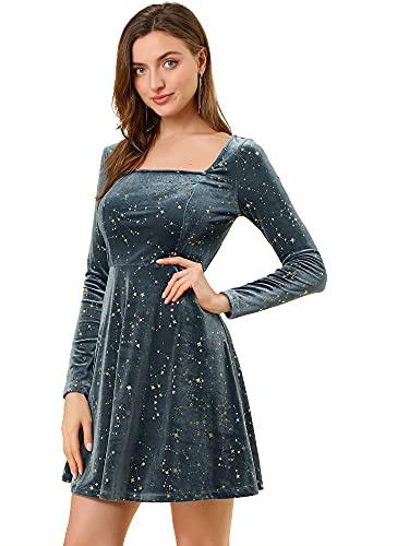Allegra K Disfraz de Navidad Vestido Mini Estrellas Terciopelo Cuello Cuadrado Vintage para Mujer Navidad Día De Los Reyes Magos Gris XS