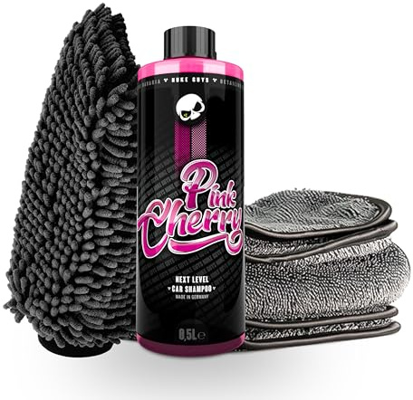 detailmate Auto Wasch- und Trockenset: Nuke Guys Pink Cherry Shampoo 500ml + Chenille Waschhandschuh + Trockentuch 1000 GSM - Für die ideale Autowäsche