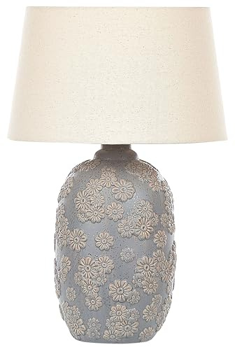 Tischlampe 46 cm Keramik grau Stoffschirm beige Kabel mit Schalter Ferrey