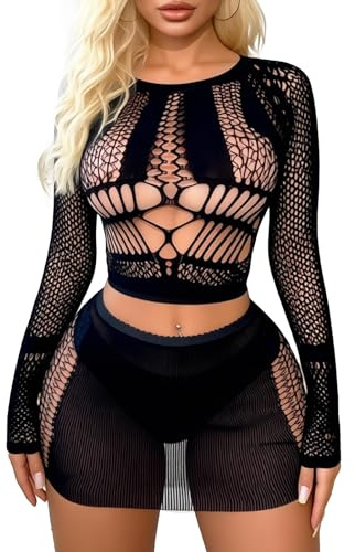 Buitifo Donne Lingerie Set Sexy Mesh Due Pezzi Set Maniche Lunghe Top e Gonne Bodycon(Nero,Taglia Unica)