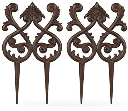 Relaxdays Beetzaun Gusseisen, 2 Zaunelemente, HxB: 39,5 x 23 cm, Vintage Design, Beetumrandung zum Stecken, Dunkelbraun