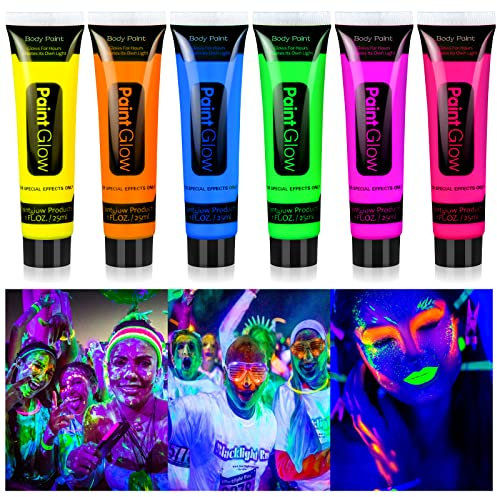 Teekerwan 6 pcs lumineux Visage & body painting, lumineux Visage & peau painting UV noir néon Fluorescent set, 6 tubes, facile à nettoyer (01)