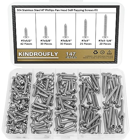Kindroufly 147 Pieces #7 x 1/2 5/8 3/4 1 1-1/4 Phillips Pan Head Self-Tapping Screws, Wood Screws Assortment Kit, 304 Stainless Steel