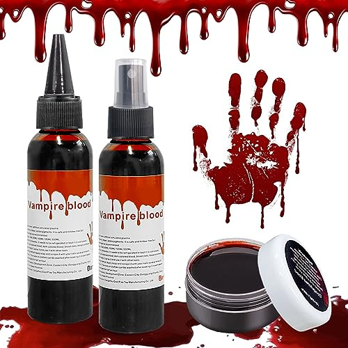 Lukinuo Halloween Kunstblut Makeup Kit 3PCS Kunstblut Spray (1.76oz) Geronnenes Blut (1.06oz) Tropfendes Blut (1.76oz) Blutspritzer Vampirblut Halloween Flüssigblut für Kleidung Zombie Monster