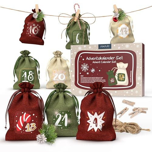 Amari ® Adventskalender zum Befüllen - 24 Papier Adventstüten (mit Holzklammern) zum Basteln für Weihnachten - Papier Weihnachtstüten mit Zahlenaufkleber