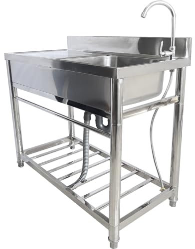 Lavello da esterno in acciaio inox, autoportante, per uso commerciale, ristorante, vasca singola, stazione di lavaggio da cucina, set con ripiani per lavanderia, cortile, garage