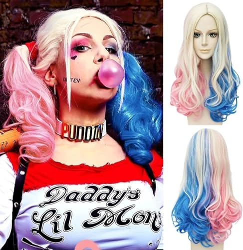 YeahBoom Quinn Perücke Damen,Quinn Cosplay Perücke | Bösewicht Perücken,Blond Blau Rosa Perücken für Karneval Halloween Fasching Kostüme Party
