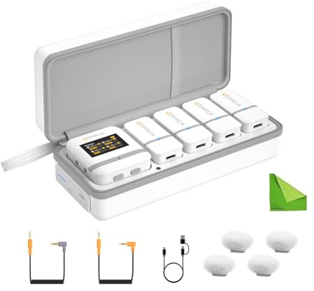 COMICA Vimo Q Mini système de Microphone Cravate Sans Fil à Quatre canaux avec 4 émetteurs et 1 récepteur-Blanc