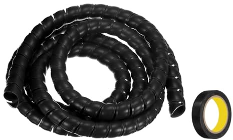 sourcing map Gaine de gestion de câbles en spirale de 3 m de 25 mm en polypropylène pour câble d'ordinateur, câble d'alimentation, tuyau de gaz, noir avec ruban adhésif
