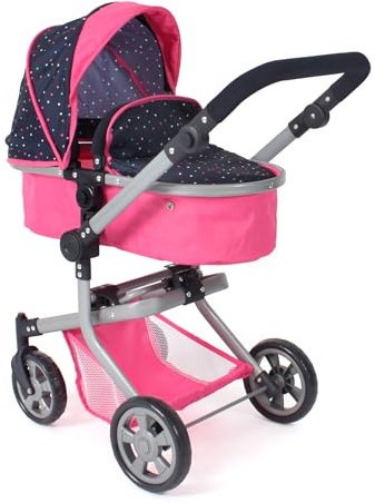 Bayer Chic 2000 – Dockvagn Mika, 2-i-1 kombidockvagn för barn från 4 till 8 år, barnvagn för dockor upp till 52 cm, konfetti rosa