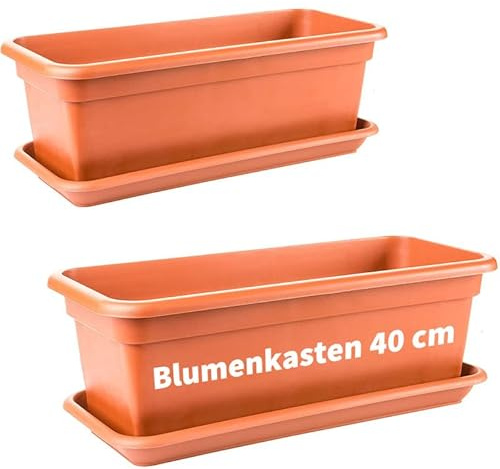 LIVINJA Terrakotta Blumenkasten 40cm mit Untersetzer â€“ 2er-Set Balkonkästen, Hochwertiger Kunststoff, Terracotta, Made in EU