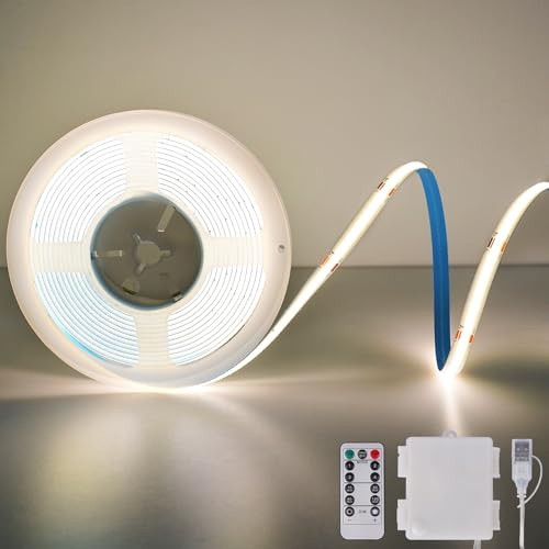 COB LED Streifen mit Batterie, 2M 640 LED Lichtband 4000K Naturweiß, Schneidbar Flexible LED Strip Lights mit Fernbedienung 4 Modi Timer für Schlafzimmer, Küche, DIY Schrank Regale Schreibtisch