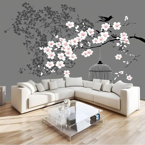Photo Papier Peint 400 x 280 cm Intissé Murale Gris Panoramique Poster Papier Peint Style Japonais Fleurs De Cerisier Cage À Oiseaux Photo Murale Décorative Murale pour Appartement Décoration Salon