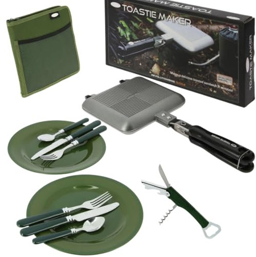 Toastie Maker Set mit Campkng Besteck und Zubehör für unterwegs, Olivgrün für Angeln und Outdoor kochen inkl. Teller, Messer & Gabel, kompakt und leicht zu transportieren