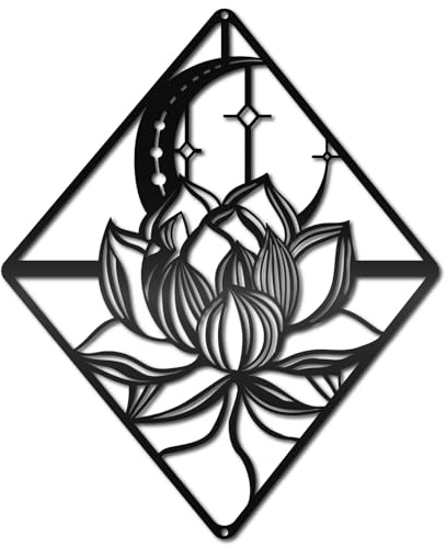 CREATCABIN Wandkunst Mit Lotus Mond Schwarze Blumen Wanddekoration Florale Schilder Plakette Silhouette Skulptur Dekoration Schild Ausgehöhltes Wandornament Für Yoga Garten Zuhause Balkon 33x40cm