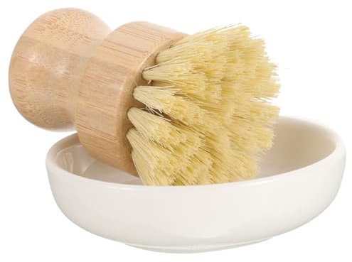 Amosfun Washing Brush with Ceramic Drain Dish Base for Kitchen and Housework Safe for Non-stick Cookware Tackle Grease and Grime
