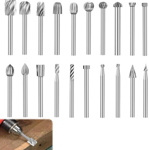 20 Pezzi Set di Frese Rotanti, Punte per Incisione, Metallo Frese per Metallo Gambo 3mm, Compatibili con Dremel, per Intaglio del Legno, Lucidatura, Foratura e Lavorazione dei Metalli
