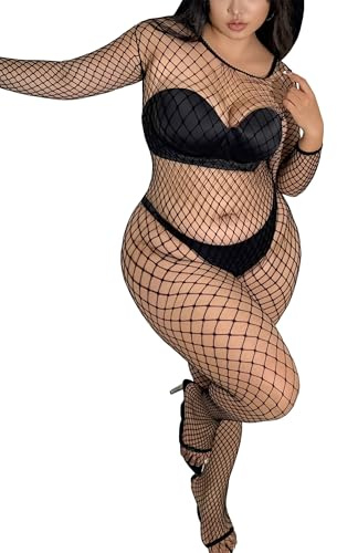 Mingnos Sexy Netz Dessous Bodystocking für Damen M-3XL Große Größen mit Langarm Catsuit Ouvert Unterwäsche Fishnetz Body Nachtwäsche Schwarz