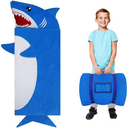 Decalsweet Schlafsack Kinder Doppelter Reißverschluss Warm, Faltbare Kinderschlafsack mit Kissen Abnehmbar für Mädchen Jungen, Schlafsack Kuscheltier für Outdoor Indoor Camping, 170×70cm Haie