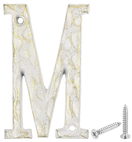QUARKZMAN Hausnummer Alphabet M, 140 * 7mm Hausnummernschild aus Gusseisen Straßennummer Türnummer für Bürotüren, Briefkästen, Garagen - Weißgold