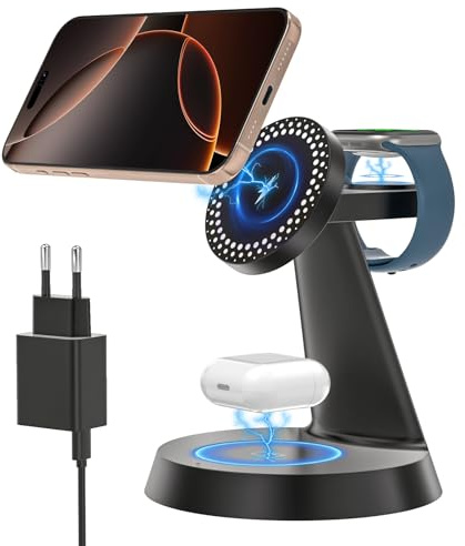 slitinto 3 in 1 Induktive Ladestation für Magnetische, 15W Kabellose Ladegerät Tragbare, Schnelle Wireless Charger Stand für iPhone 16/15/14/13/12, AirrPods Pro 4 3 2 Apple Watch-Schwarz