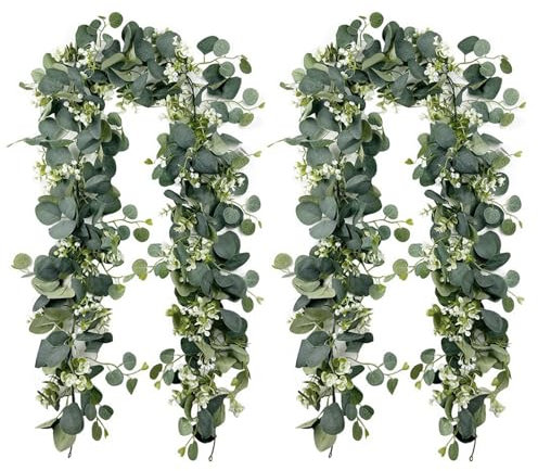 Guyode 2 Pezzi Ghirlanda di Eucalipto Artificiale, 180cm Vite di Eucalipto Piante Artificiali Sospesa Verde Ghirlande Decorative Ghirlanda Artificiale, per Sfondo Decorazione Matrimonio Centrotavola