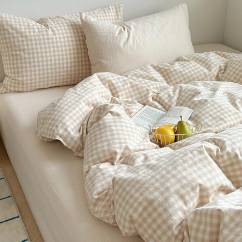 Lanqinglv Bettwäsche 135x200 cm Kariert Beige,Gittermuster,aus Mikrofaser | Oeko-TEX zertifiziert,Geometrisch Bettwäsche set für Allergiker,Bettbezug mit Reißverschluss und 1 Kissenbezug 80x80