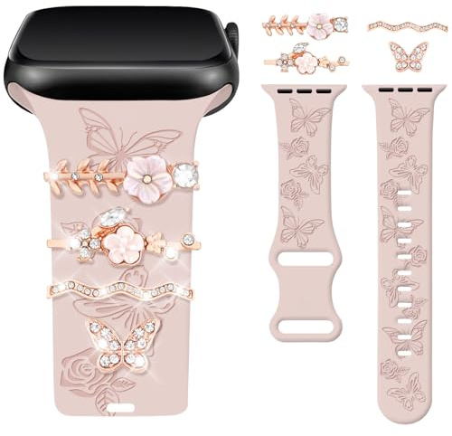 Vozehui Butterfly Engraved Strap with Decorative Ring Loops Compatible with Apple Watch Strap 38mm 40mm 41mm 42mmm 44mm 45mm for Women,Soft Silicone Band for iWatch Series 11 10 9 8 7 6 5 4 3 2 1 SE