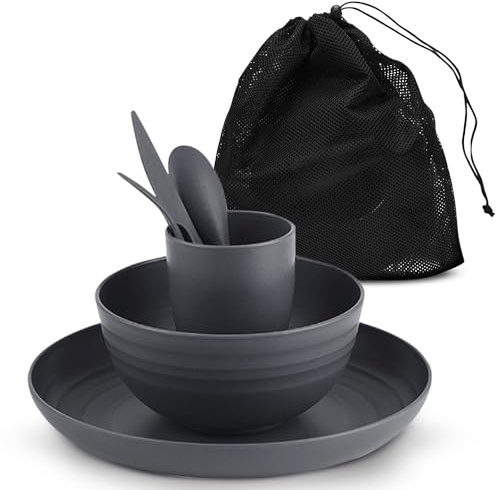 AdvntrPro 5pc Camping Cutlery Set for 1 with Travel Bag - Camping Plates and Bowls Set for 1 with Picnic Plates and Bowls, Reusable Cutlery, Cup and Travel Bag for Outdoor Dining (Grey)
