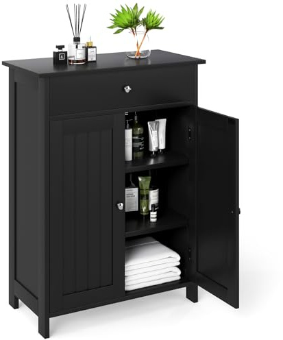 GIANTEX Badezimmerschrank, freistehender Badschrank mit 2 Türen, 1 Schublade und 3-Fach verstellbarem Regal, Unterschrank für Wohnzimmer, Eingangsbereich, Küche, 60 x 30 x 80 cm (Schwarz)