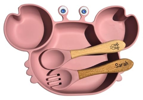 Obiboo Set Repas Bébé avec Assiette à Ventouse en silicone et Couverts Personnalisables, Cadeau de Baptême et Naissance Prénom (Rose foncé)