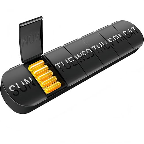 7-Tage Tablettenbox, Medikamentenbox mit Großer Kapazität für Medikamente, Vitamine, Nahrungsergänzungsmittel, 22 cm x 5,2 cm, Schwarz