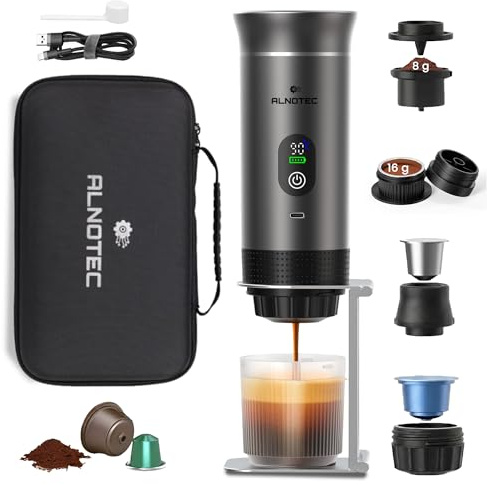 ALNOTEC Machine à Café Portable Électrique 20 Bar Auto-Chauffante – 3 EN 1 Compatible Capsules NES®, DG® et Café Moulu – 2 Adaptateurs Café Moulu 8g/16g – USB-C - Sac+Support (Gris avec Bouchon évasé)