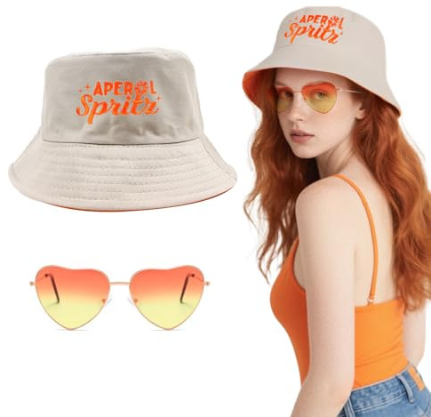 FUIPVGI 2 Stücke Fischerhut + Orange Brillen in Herzform, Aperol Spritz Kostüm Accessoires Set, Bestickte Anglerhut, Party Hut, Bucket Hat, Bierhut, für Fasching Karneval Cosplay Kostüme