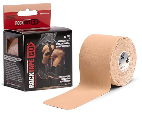 RockTape GO Standard Kinesiotape – 20 vorgeschnittene Streifen, 5cm x 25cm – Langlebig, hypoallergen, wasserfest für Muskelunterstützung, Schmerzlinderung & Sport, latexfrei, Beige