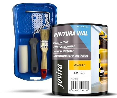 JOVIRA PINTURAS Pintura Vial al Agua + Minicubeta, Rodillo Espuma, Varilla y Paletina. (750 Mililitros, Pintura Amarillo + Minikit) E-86-K