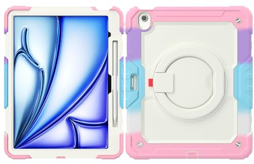 MNBVCCS Kompatibel mit iPad Air 13 Zoll (M3) 2025 Hülle Stifthalter + Displayschutzfolie, strapazierfähige Ganzkörper-Schutzhülle, drehbarer Griff, Silikonhülle(Pink)