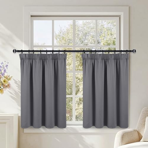 DWCN Scheibengardinen Kurz Küchen Blickdicht Küchengardinen Kräuselband | Grau 2er Set 90x117cm(HxB), Bistrogardine Thermo Vorhang Kälteschutz Verdunklungsvorhänge Fenster Schienen Schrankvorhänge