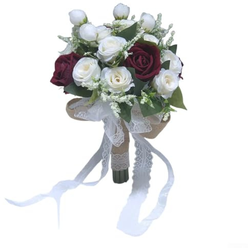 Bouquet da sposa artificiale per sposa e damigelle d'onore, rose finte con nastro di pizzo, decorazione floreale per fotografia, cerimonia e ricordi, 20 x 25 cm, colore: rosso vino